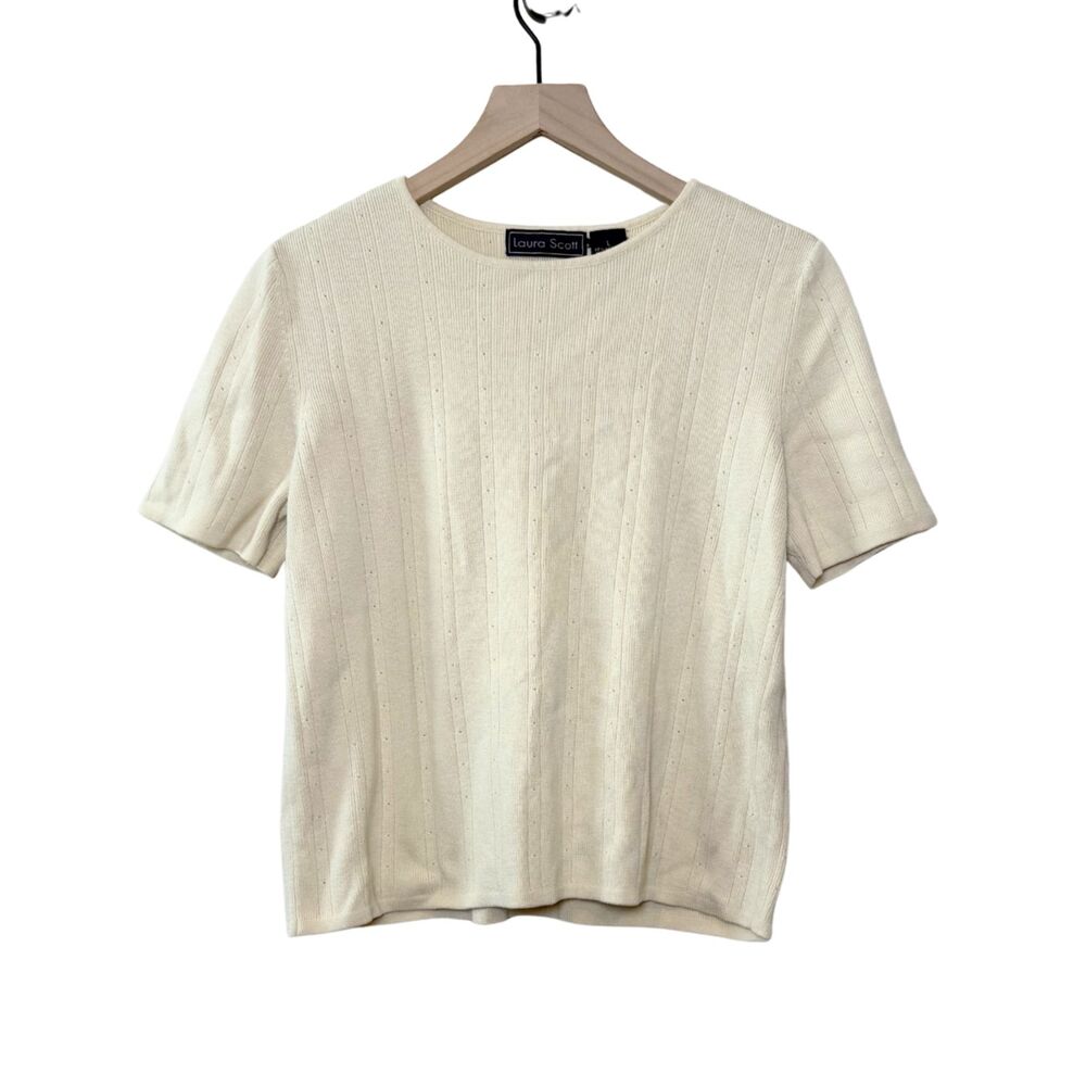 90s Cream Knit Pointelle Women's Shrunken Short Sleeve Tee Size L